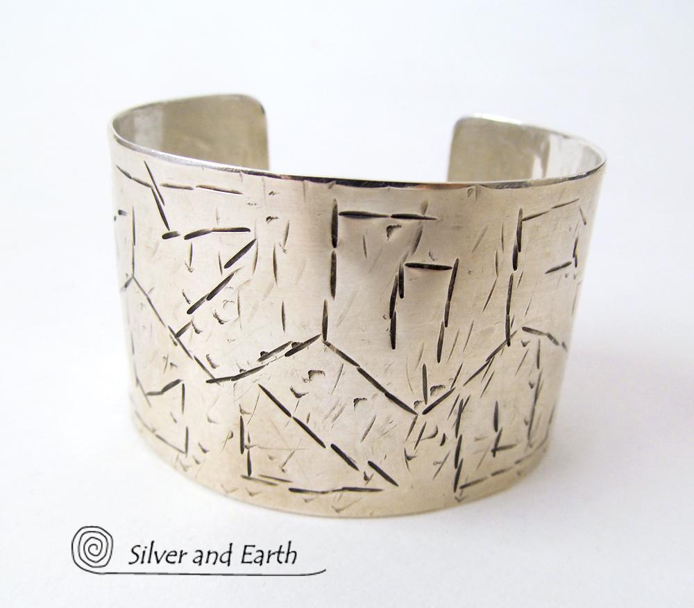 Textured Wide Sterling Silver Cuff Bracelet - Handcrafted Silver Jewelry