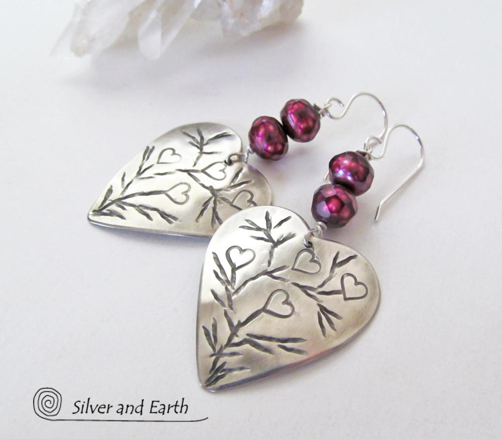 Sterling Silver Heart Earrings with Burgundy Pearls - Unique Romantic Jewelry
