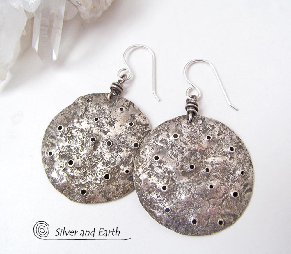 Hammered Sterling Silver Earrings with Rustic, Organic Texture - Earthy Jewelry