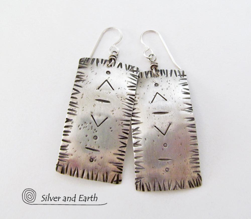 Hand Stamped Sterling Silver Earrings with a Modern Southwestern Tribal Flair