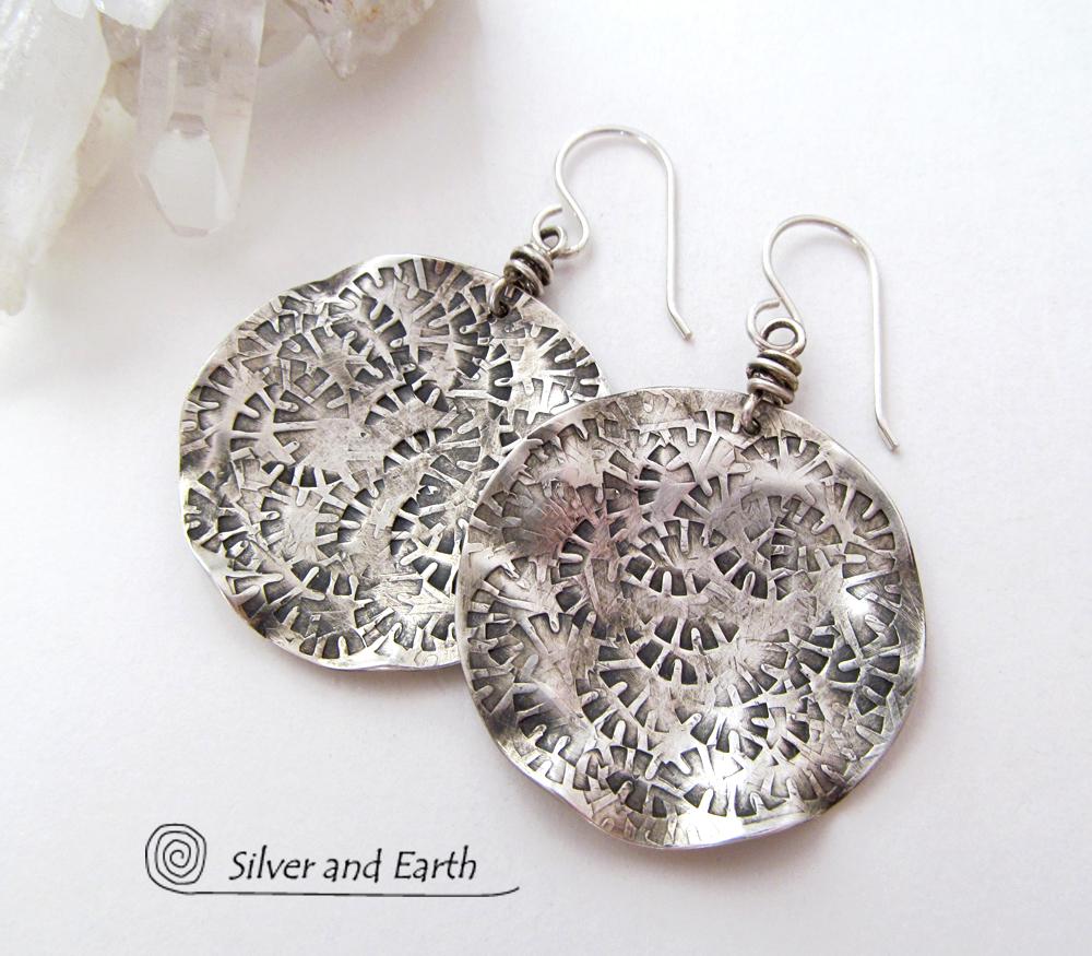 Round Textured Sterling Silver Earrings - Handmade Modern Silver Jewelry