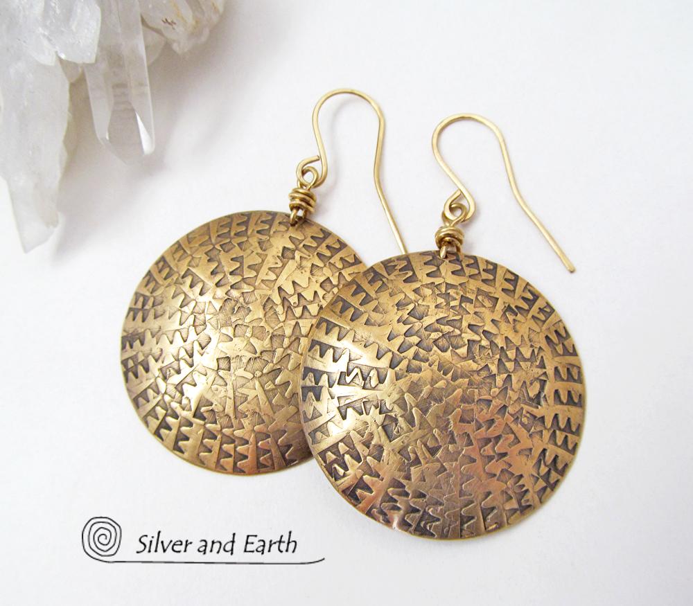 Big Bold Gold Brass Dangle Earrings - Unique Handmade Metal Jewelry