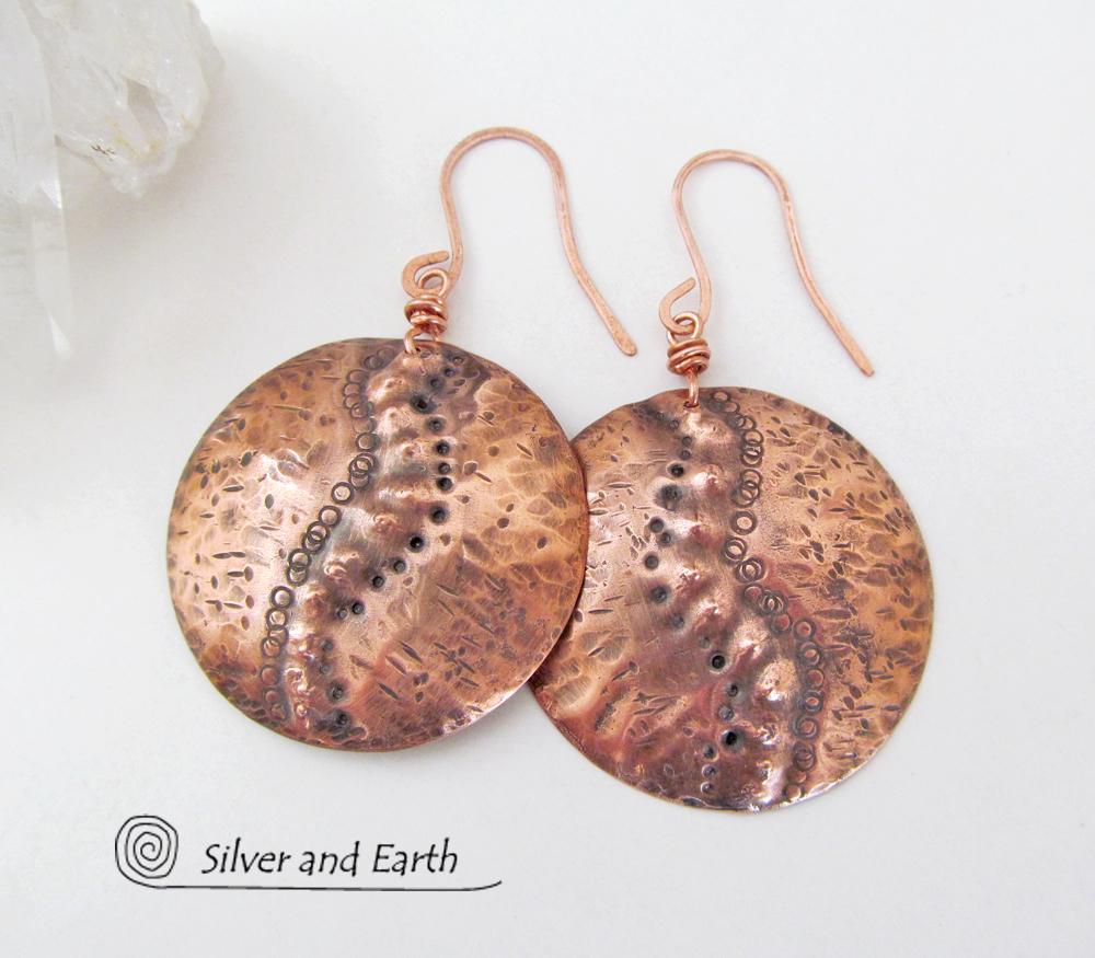 Large Hammered Copper Dangle Earrings with Rustic Tribal Texture