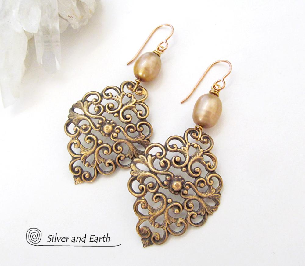 Brass Filigree Earrings with Gold Pearls - Ornate Filigree Jewelry