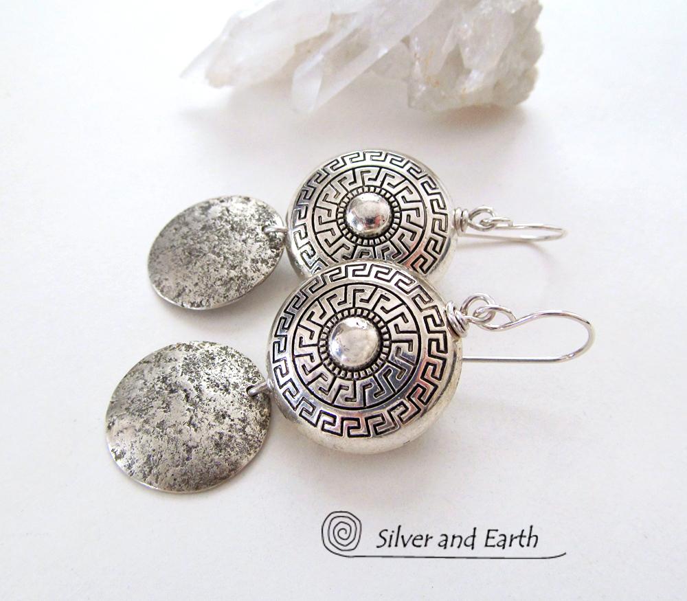 Sterling Silver Earrings Dangle Earrings with Greek Key Motif - Exotic Jewelry
