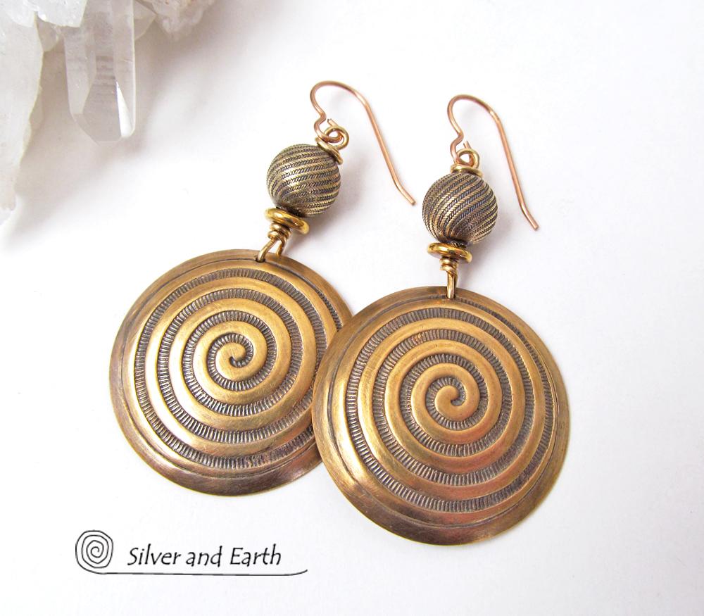 Gold Brass Earrings with Spiral Pattern - Spiral Symbol of Life Jewelry