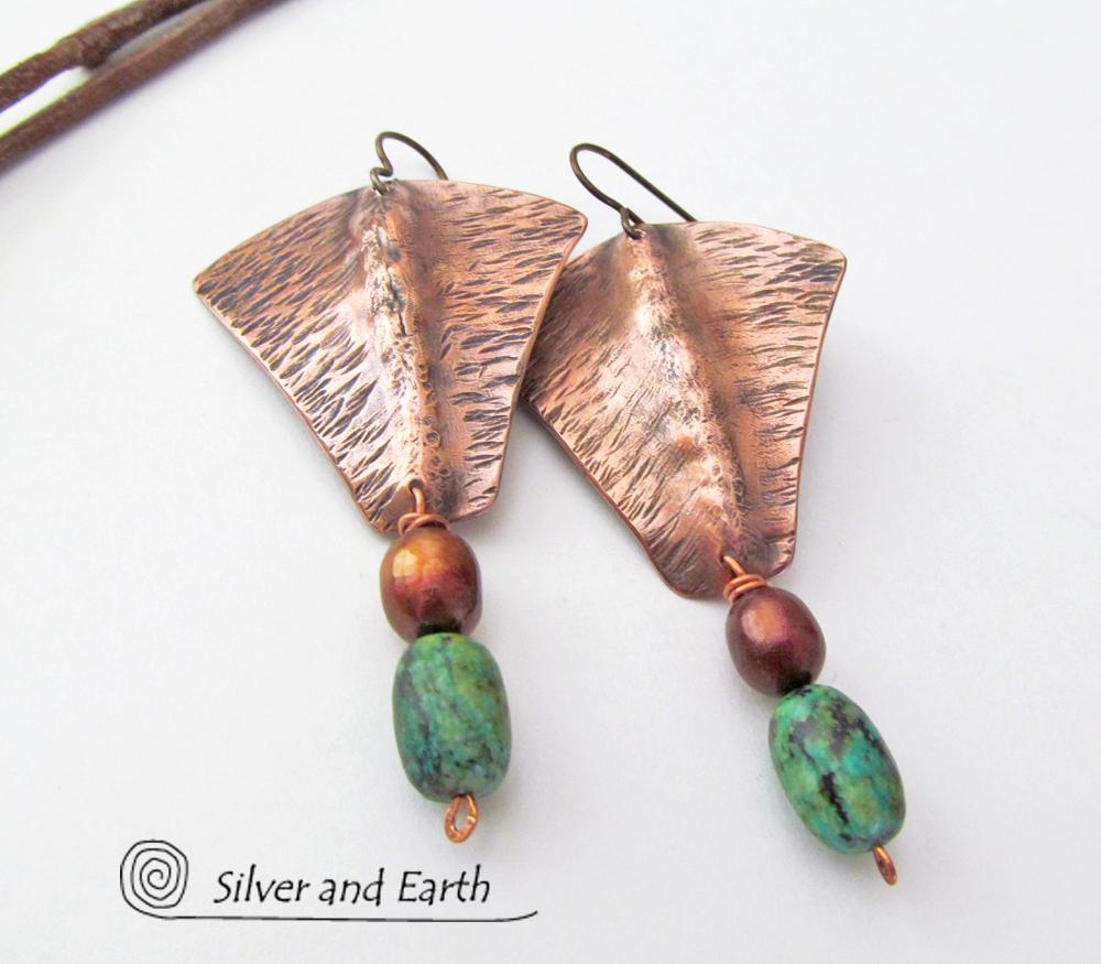 Copper Earrings with African Turquoise & Pearls - Hand Forged Metal Jewelry