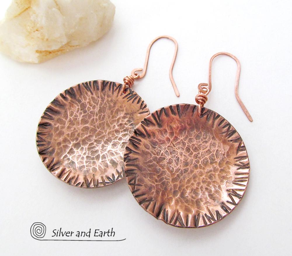 Large Copper Earrings with Rustic Hammered Texture - Hand Forged Metal Jewelry