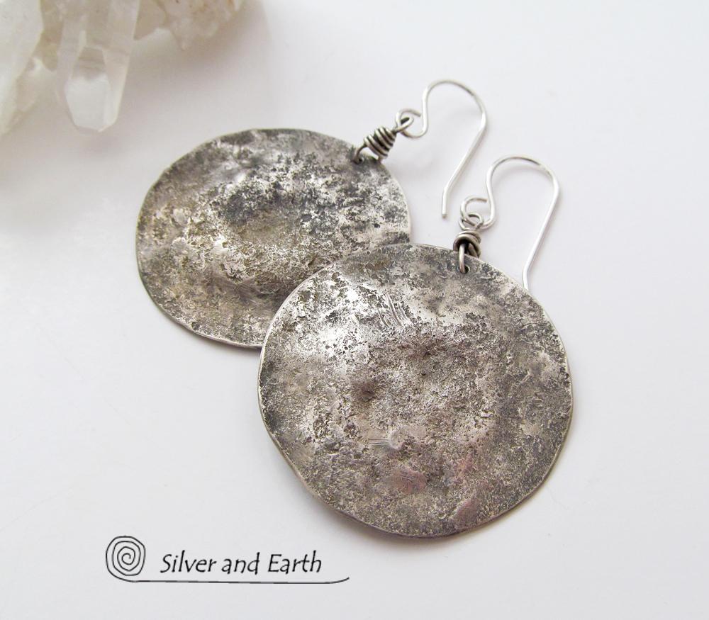 Hammered Sterling Silver Moon Earrings - Organic Earthy Silver Jewelry