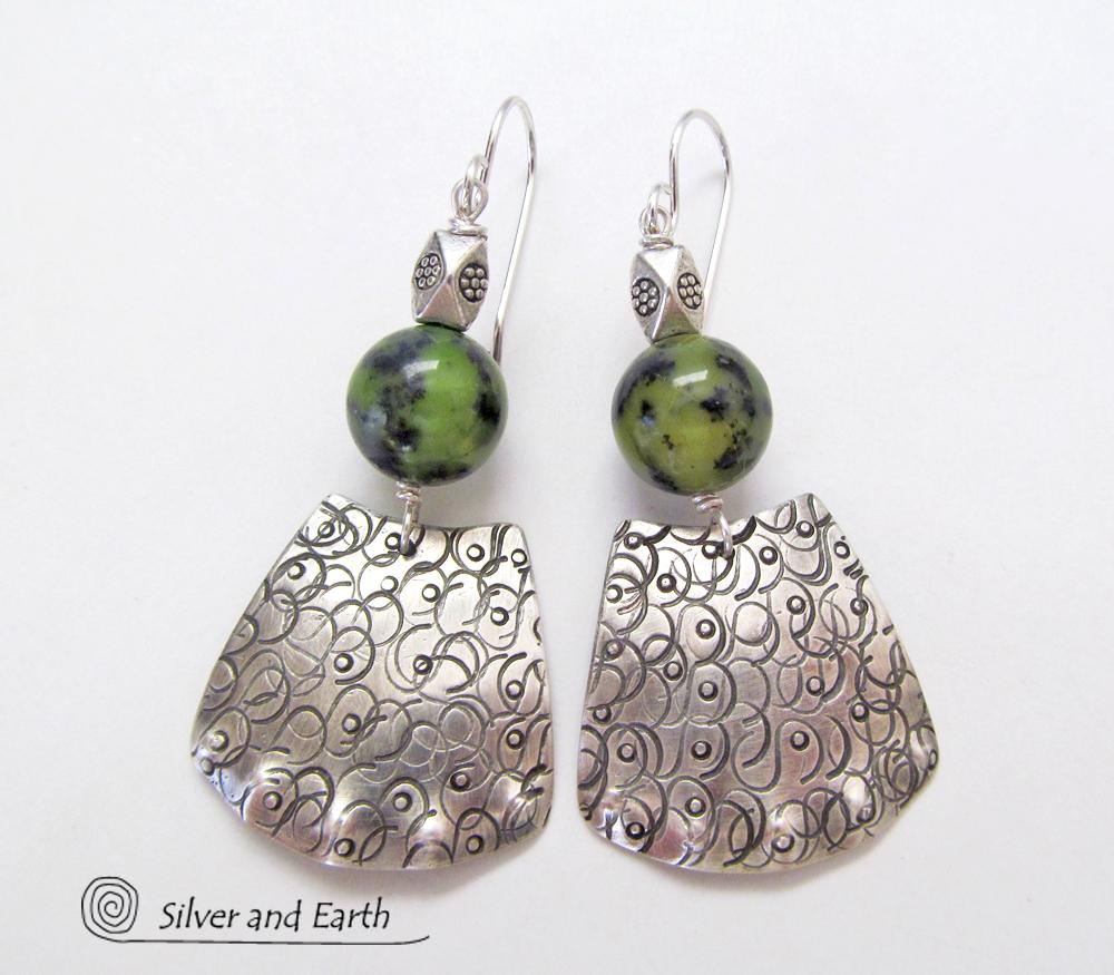 Bold Exotic Sterling Silver Earrings with Green Jade Gemstones