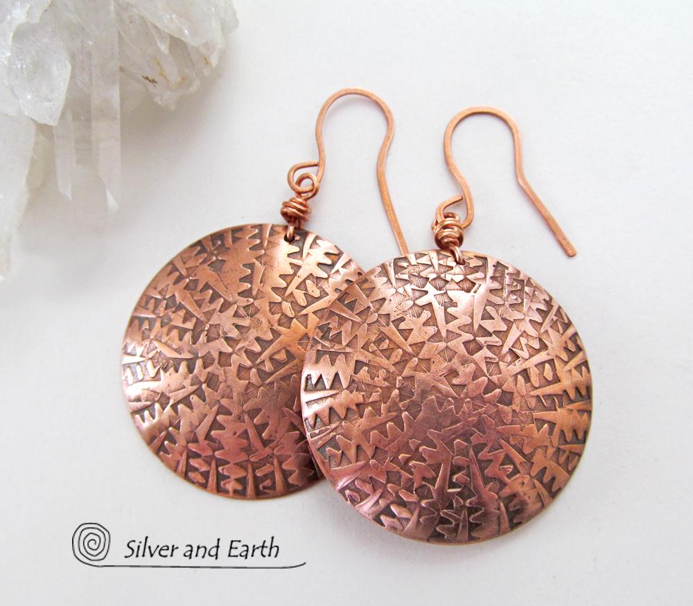 Big Bold Copper Earrings with Unique Texture - Handmade Solid Copper Jewelry