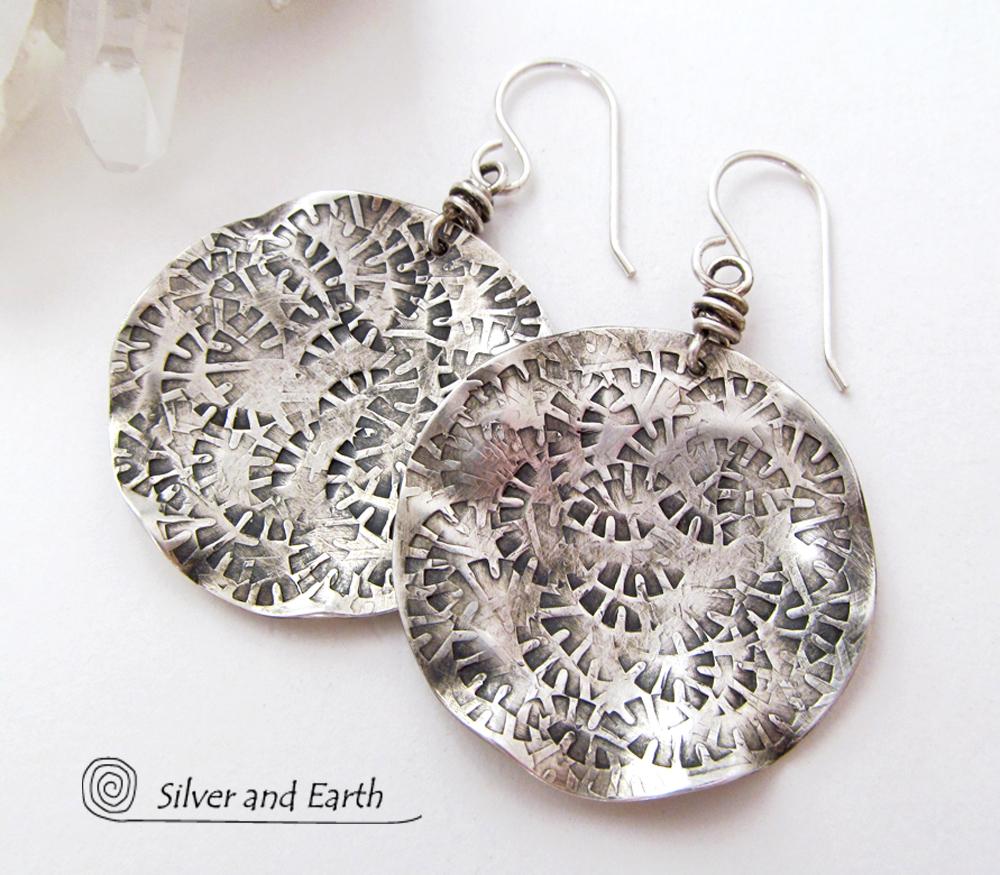 Round Textured Sterling Silver Earrings - Handmade Modern Silver Jewelry