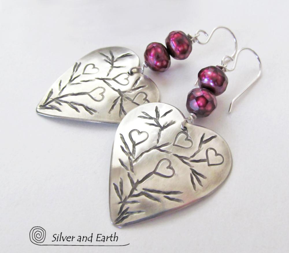 Sterling Silver Heart Earrings with Burgundy Pearls - Unique Romantic Jewelry