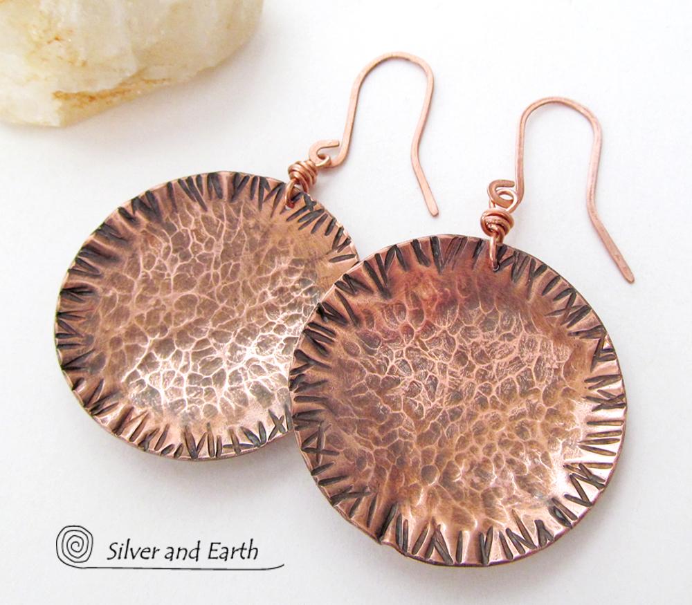 Large Copper Earrings with Rustic Hammered Texture - Hand Forged Metal Jewelry