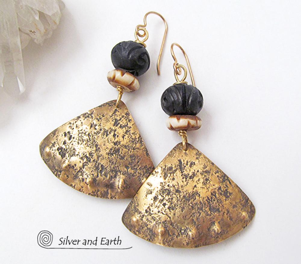 Gold Brass Tribal Earrings with African Carved Bone & Wood Beads