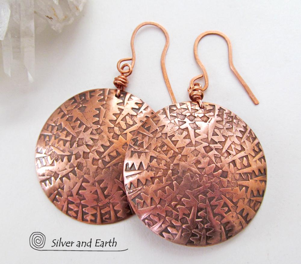 Big Bold Copper Earrings with Unique Texture - Handmade Solid Copper Jewelry