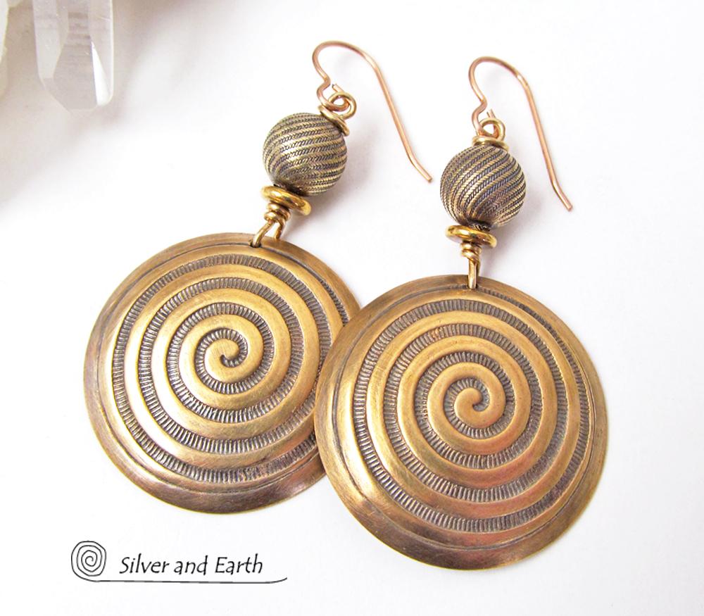 Gold Brass Earrings with Spiral Pattern - Spiral Symbol of Life Jewelry