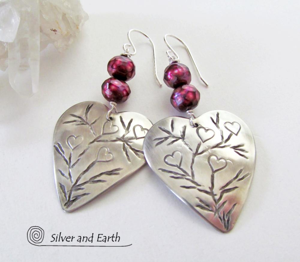 Sterling Silver Heart Earrings with Burgundy Pearls - Unique Romantic Jewelry