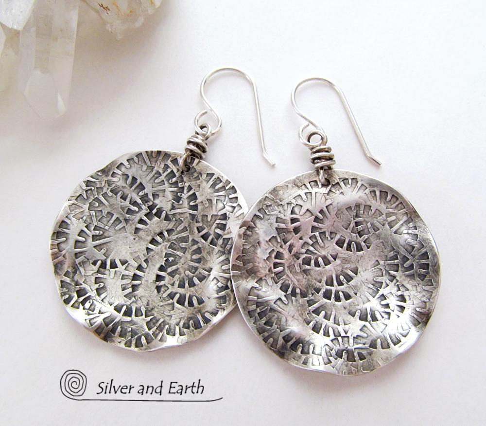 Round Textured Sterling Silver Earrings - Handmade Modern Silver Jewelry