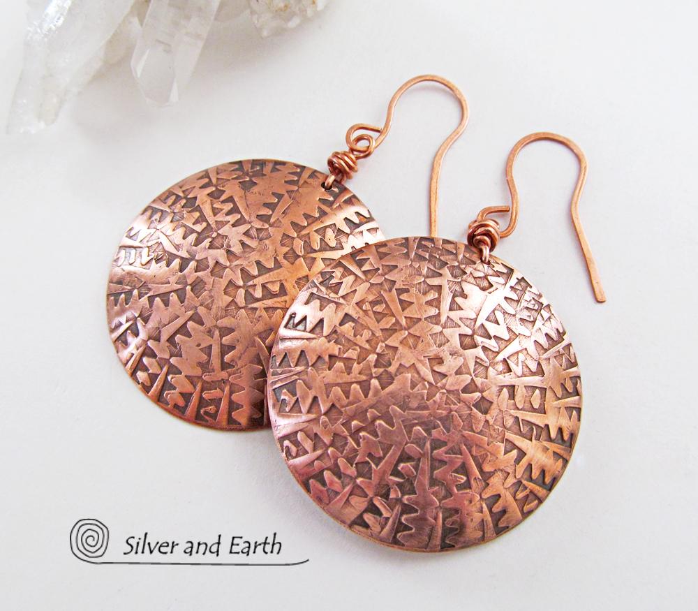 Big Bold Copper Earrings with Unique Texture - Handmade Solid Copper Jewelry