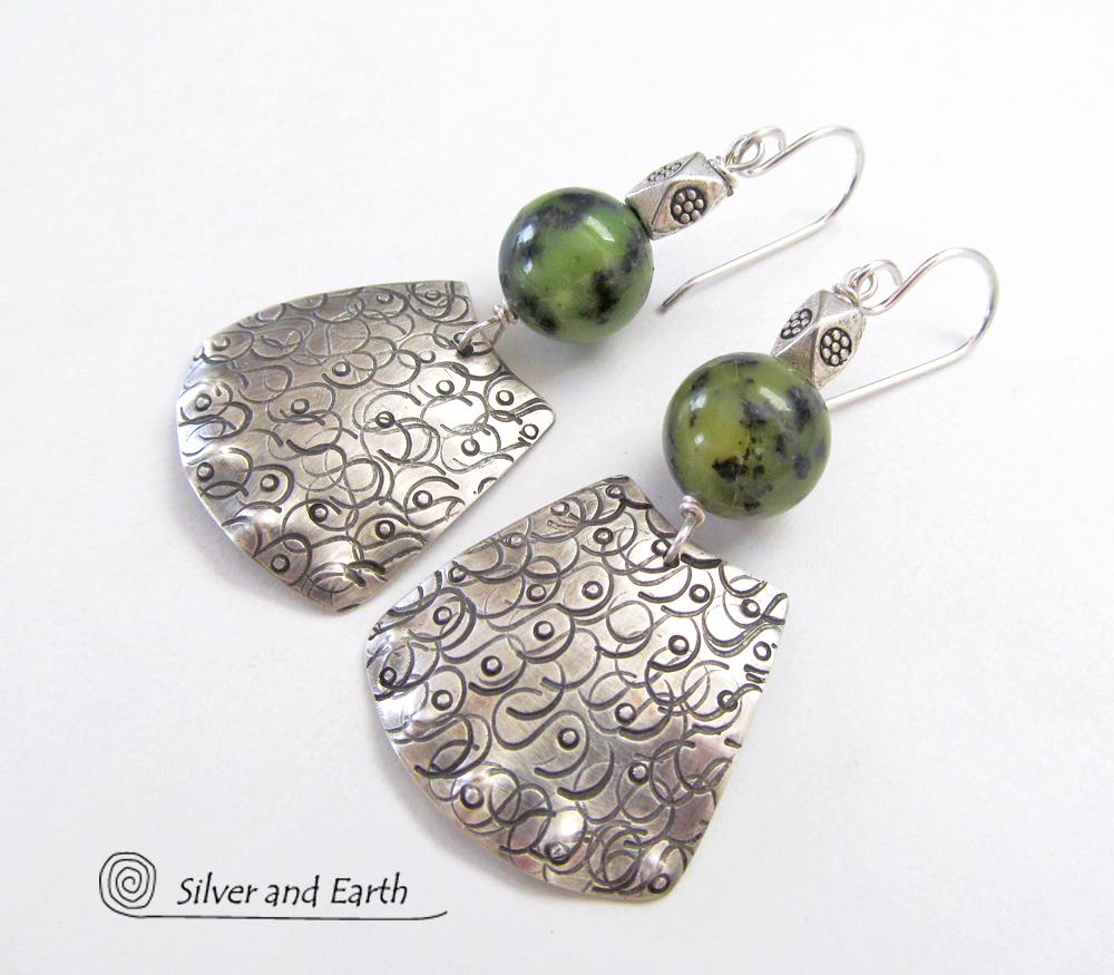 Bold Exotic Sterling Silver Earrings with Green Jade Gemstones