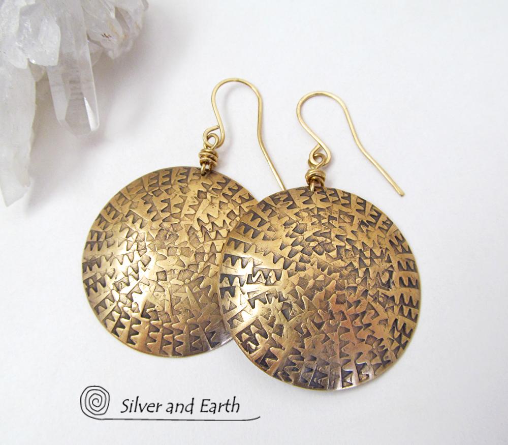 Big Bold Gold Brass Dangle Earrings - Unique Handmade Metal Jewelry