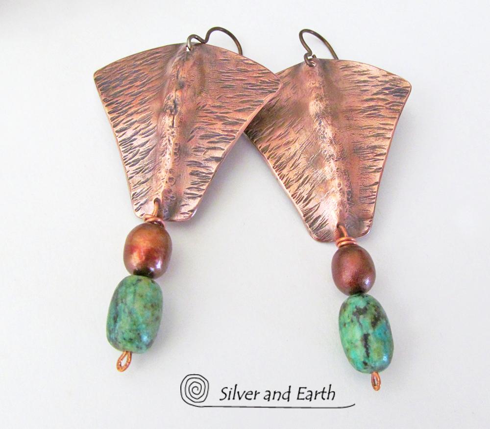 Copper Earrings with African Turquoise & Pearls - Hand Forged Metal Jewelry