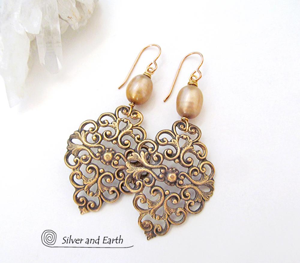 Brass Filigree Earrings with Gold Pearls - Ornate Filigree Jewelry