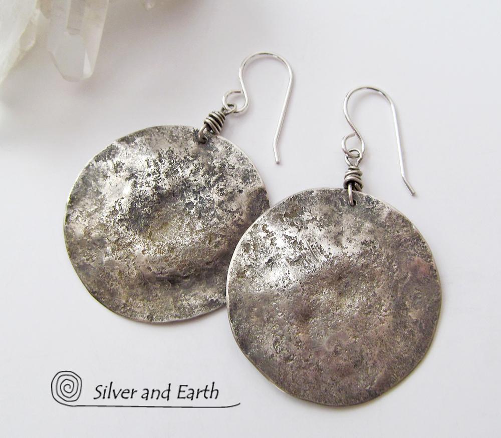 Hammered Sterling Silver Moon Earrings - Organic Earthy Silver Jewelry
