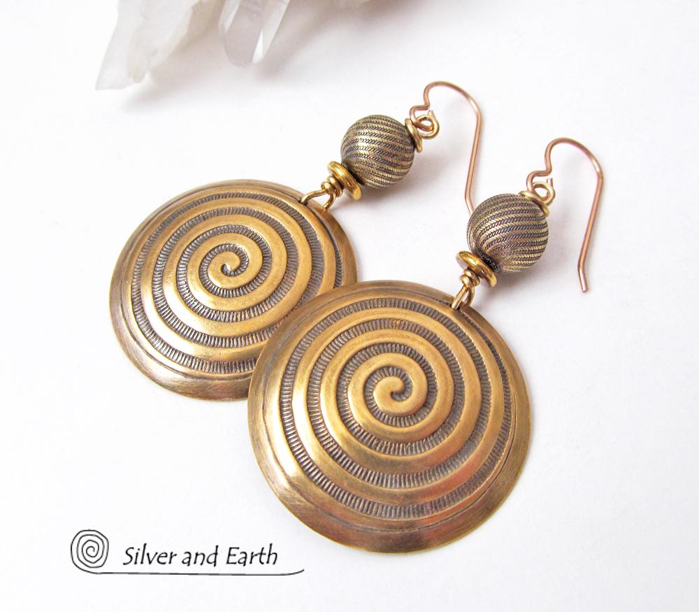 Gold Brass Earrings with Spiral Pattern - Spiral Symbol of Life Jewelry