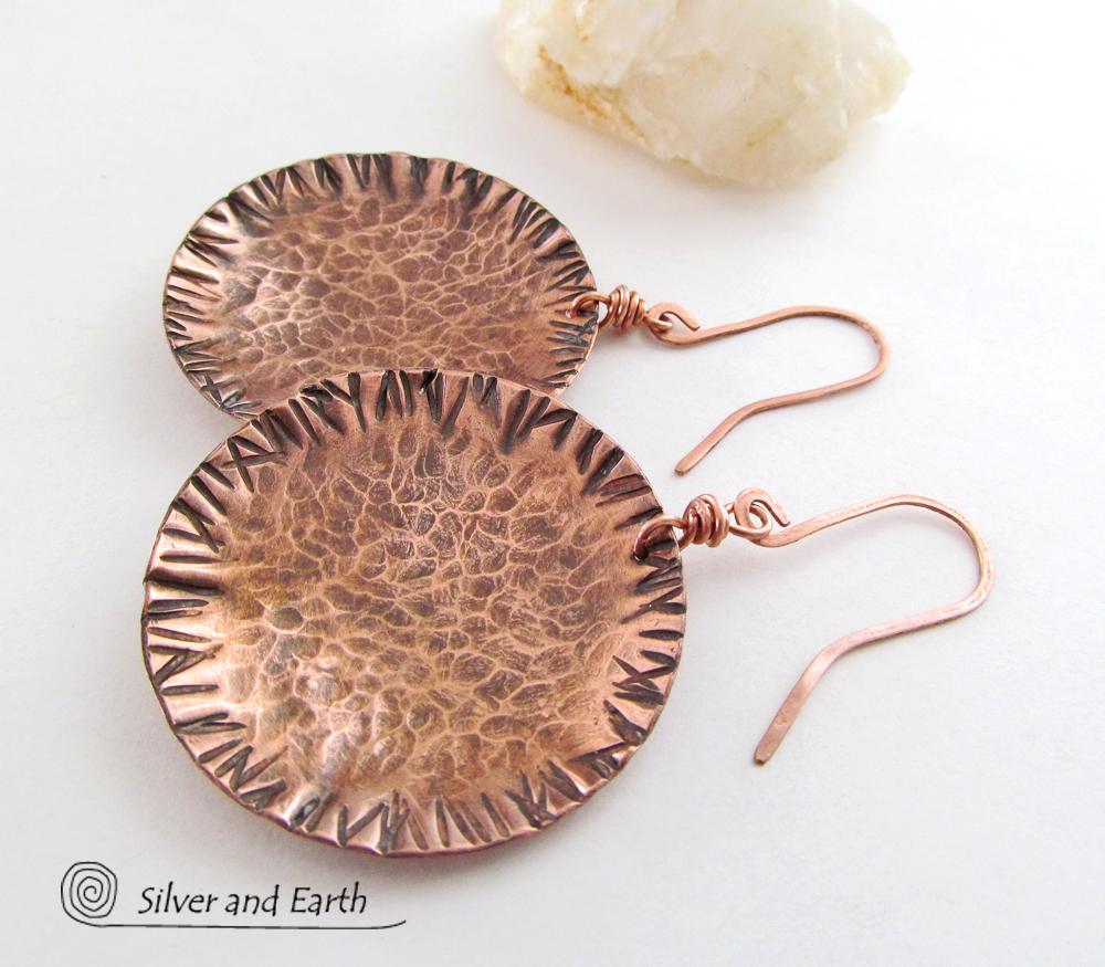 Large Copper Earrings with Rustic Hammered Texture - Hand Forged Metal Jewelry