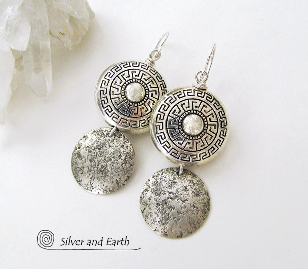 Sterling Silver Earrings Dangle Earrings with Greek Key Motif - Exotic Jewelry