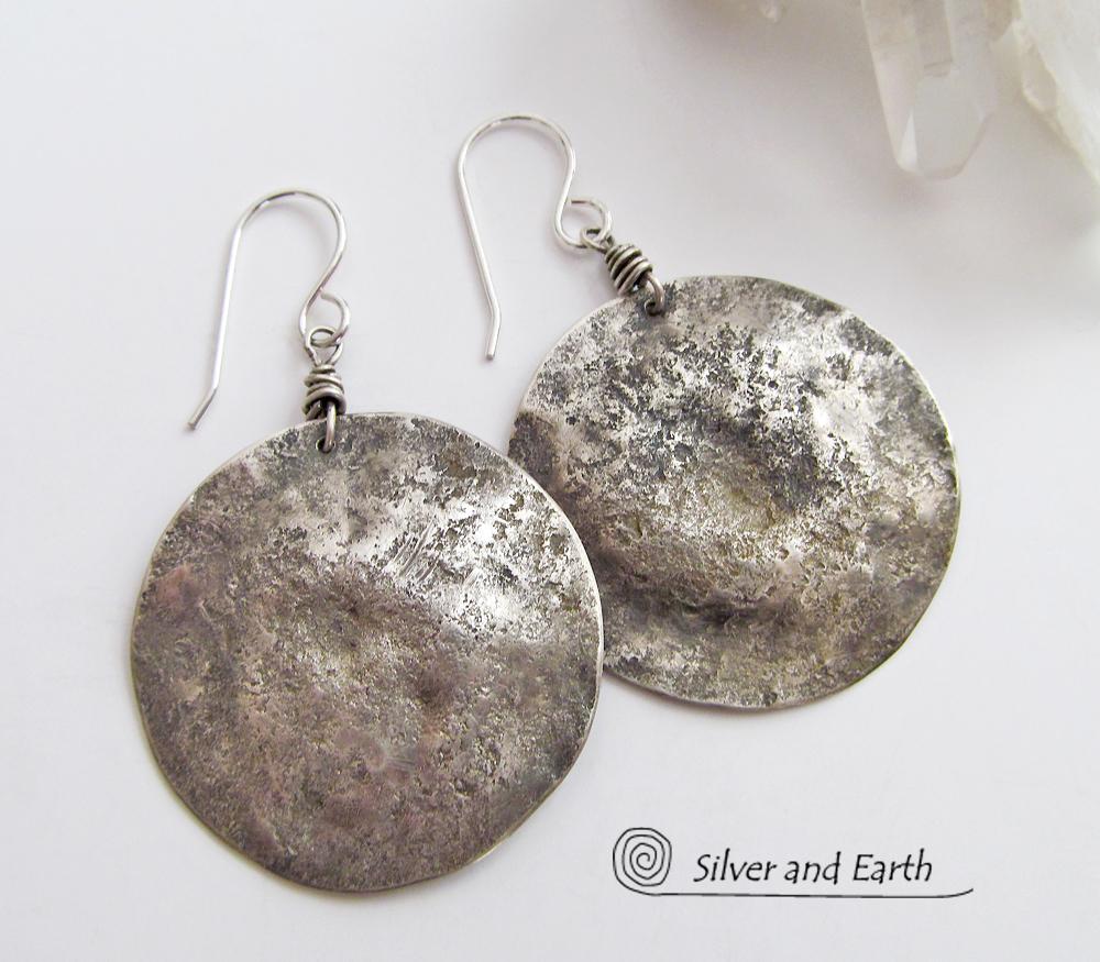 Hammered Sterling Silver Moon Earrings - Organic Earthy Silver Jewelry