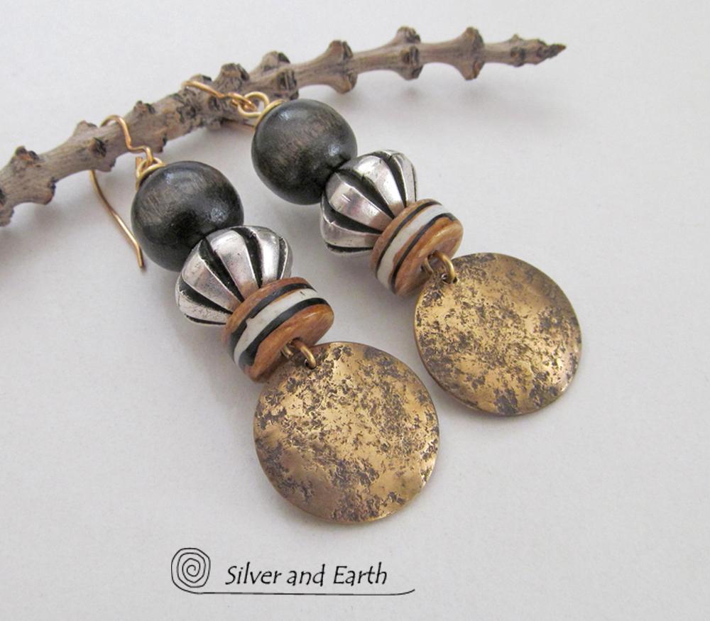 Gold Brass Earrings with African Beads - Boho Chic Tribal Jewelry