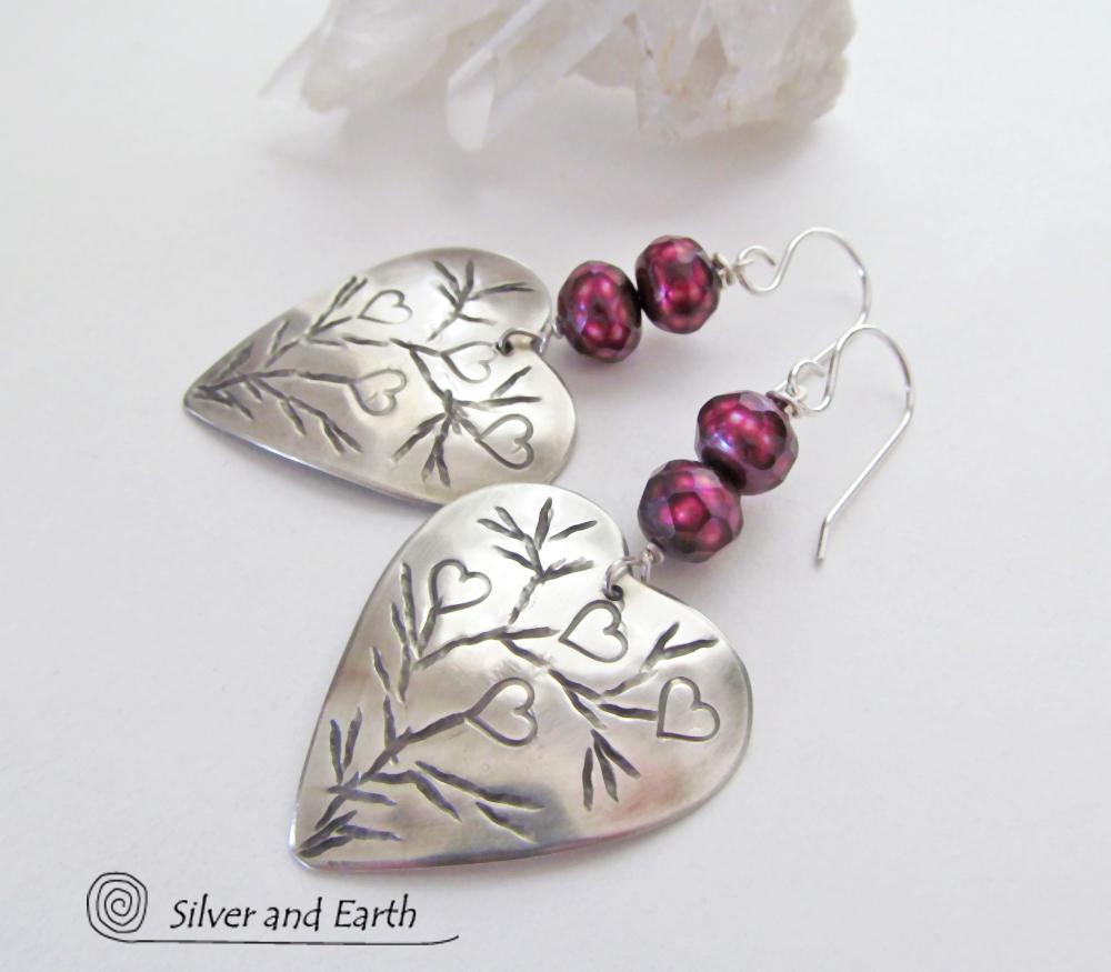 Sterling Silver Heart Earrings with Burgundy Pearls - Unique Romantic Jewelry