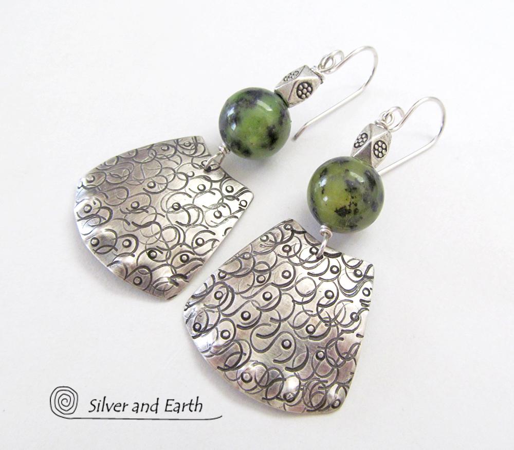 Bold Exotic Sterling Silver Earrings with Green Jade Gemstones