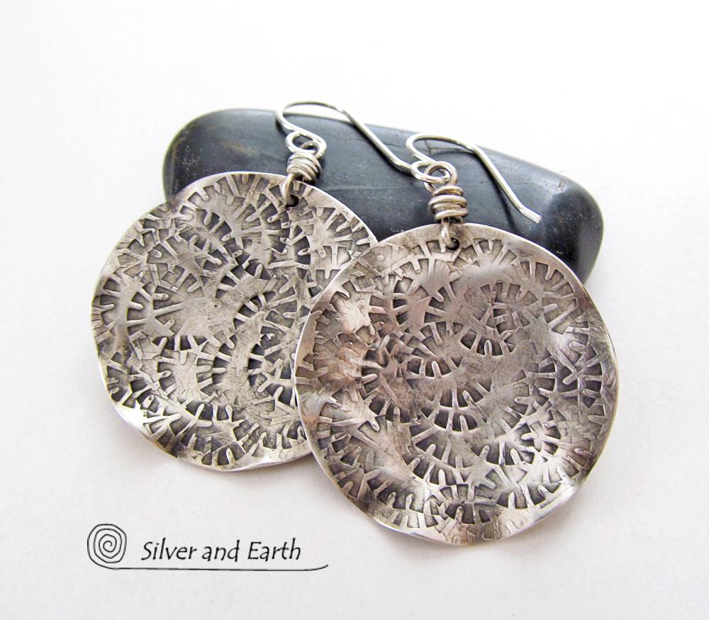Round Textured Sterling Silver Earrings - Handmade Modern Silver Jewelry