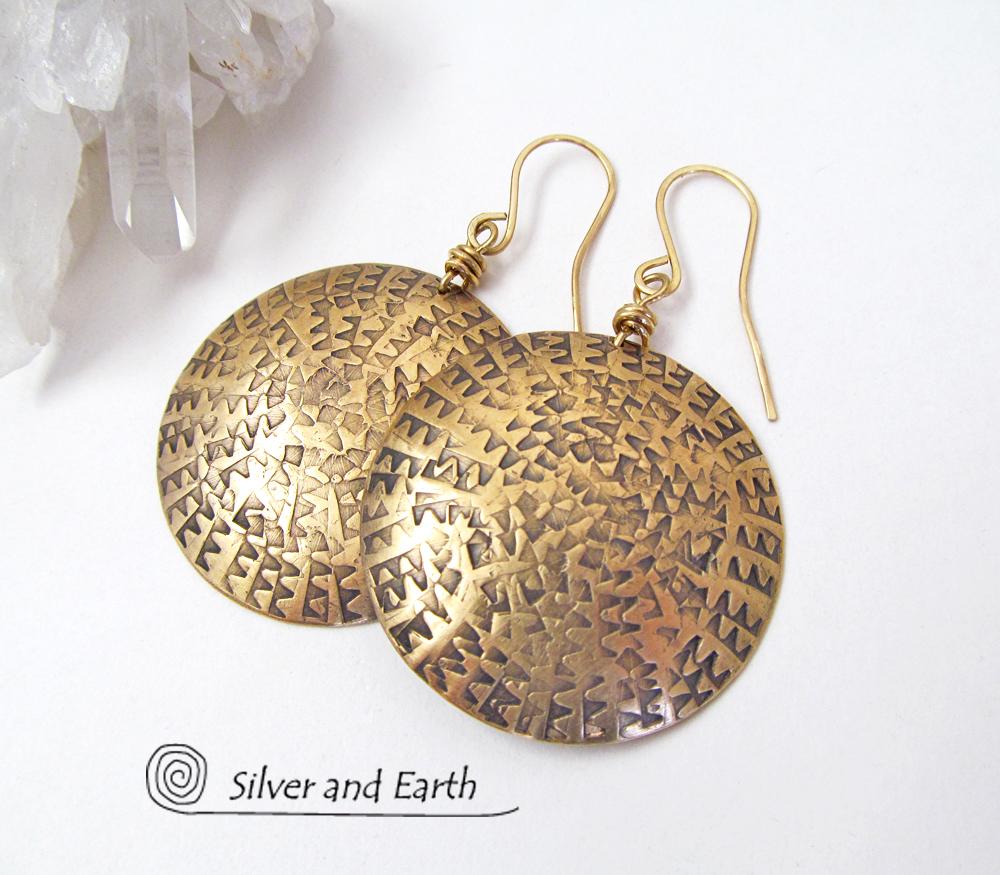 Big Bold Gold Brass Dangle Earrings - Unique Handmade Metal Jewelry
