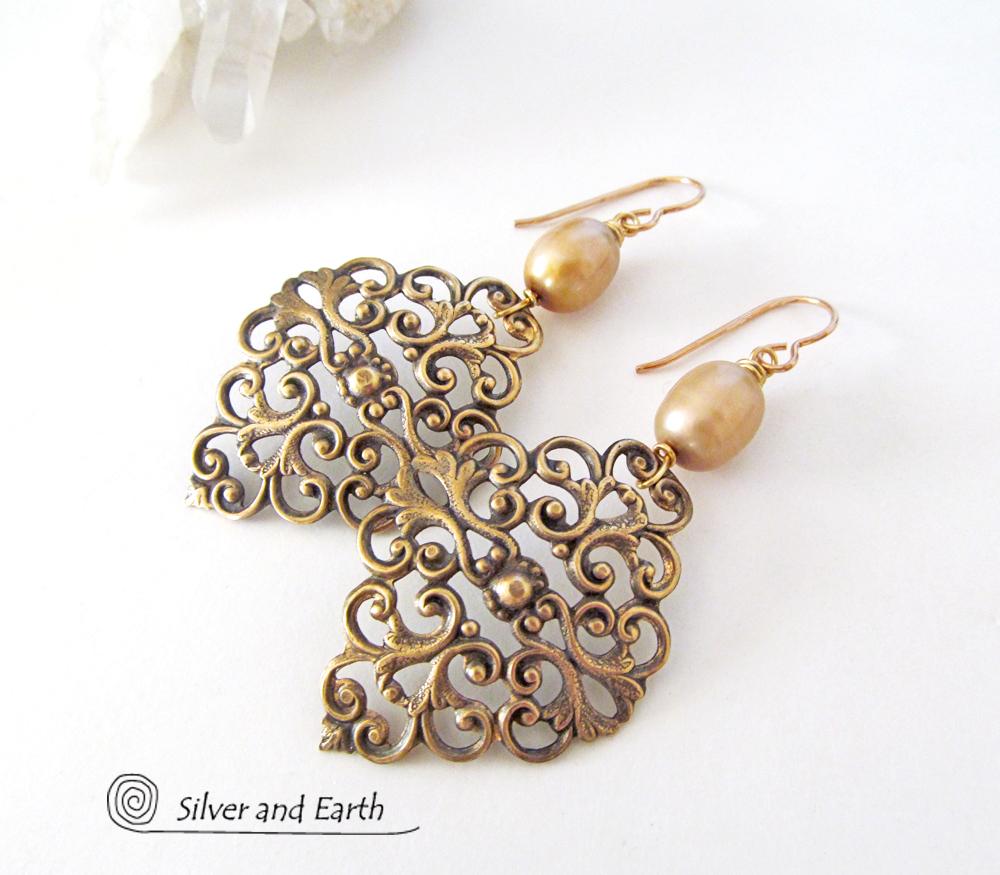 Brass Filigree Earrings with Gold Pearls - Ornate Filigree Jewelry