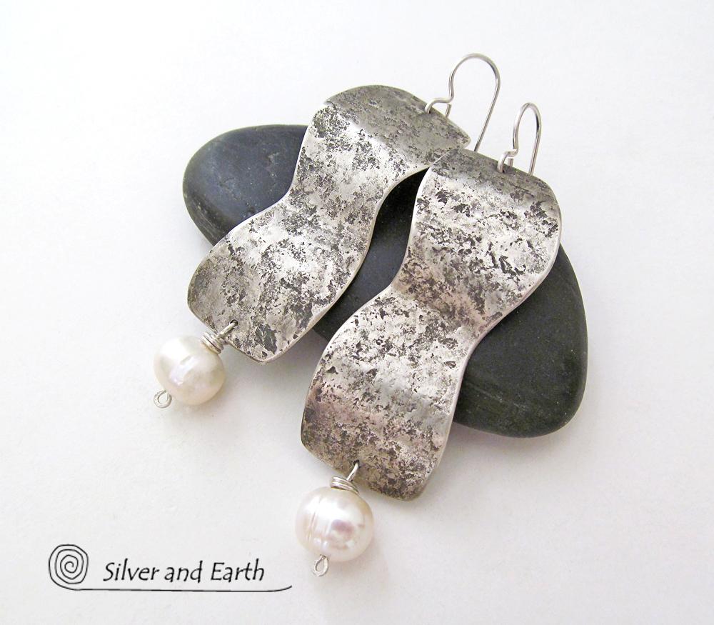 Modern Contemporary Sterling Silver Earrings with Dangling White Pearls