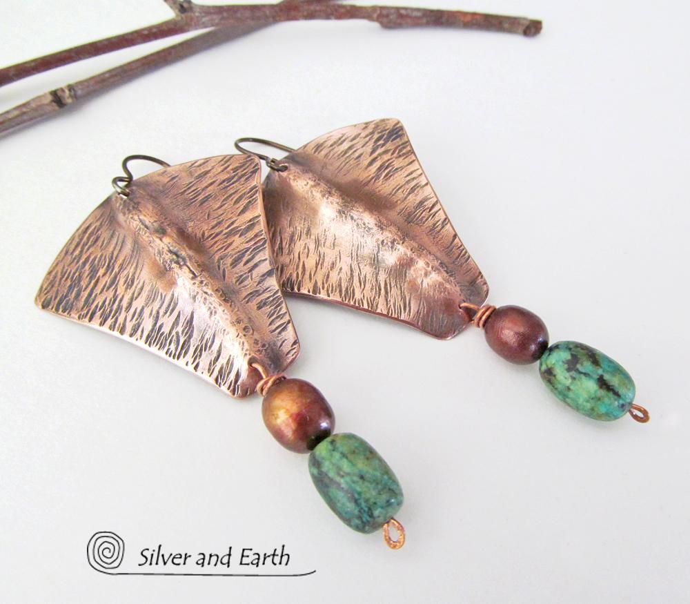 Copper Earrings with African Turquoise & Pearls - Hand Forged Metal Jewelry