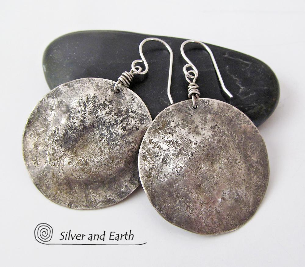 Hammered Sterling Silver Moon Earrings - Organic Earthy Silver Jewelry