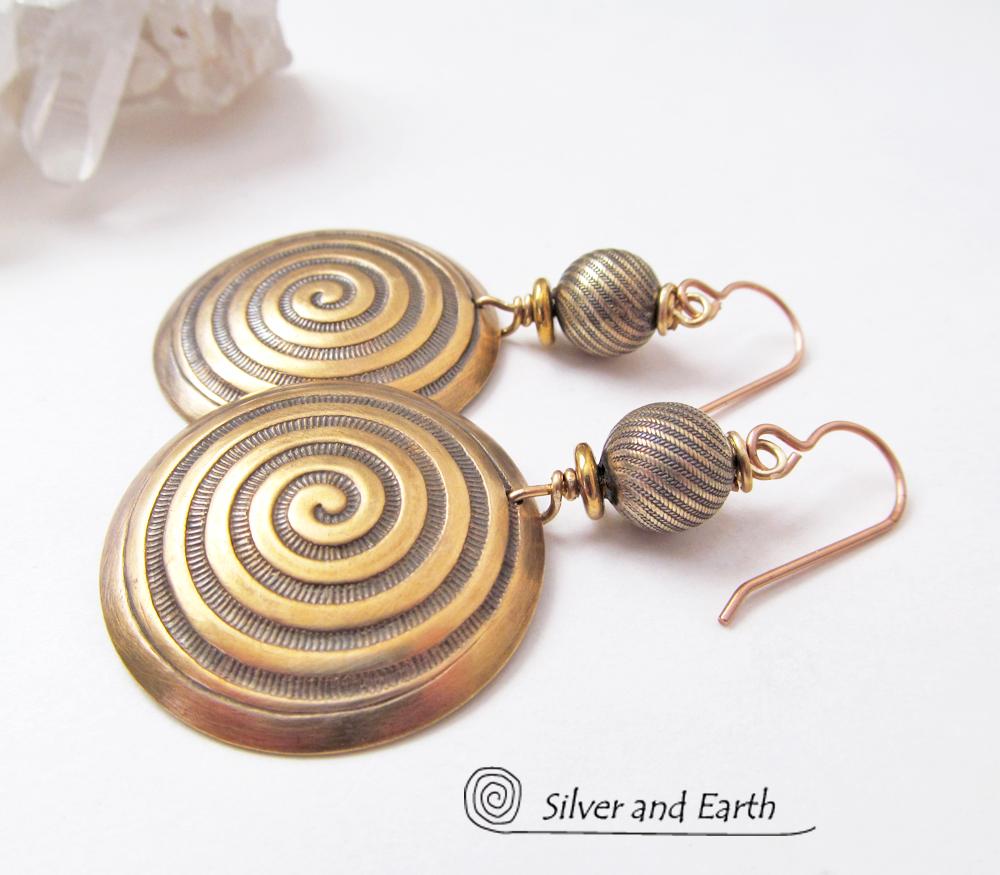 Gold Brass Earrings with Spiral Pattern - Spiral Symbol of Life Jewelry