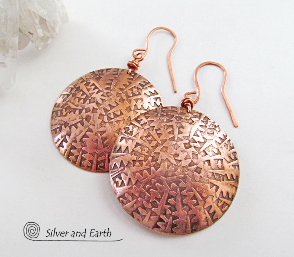 Big Bold Copper Earrings with Unique Texture - Handmade Solid Copper Jewelry