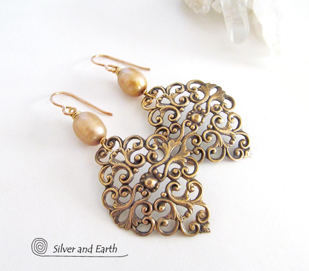 Brass Filigree Earrings with Gold Pearls - Ornate Filigree Jewelry