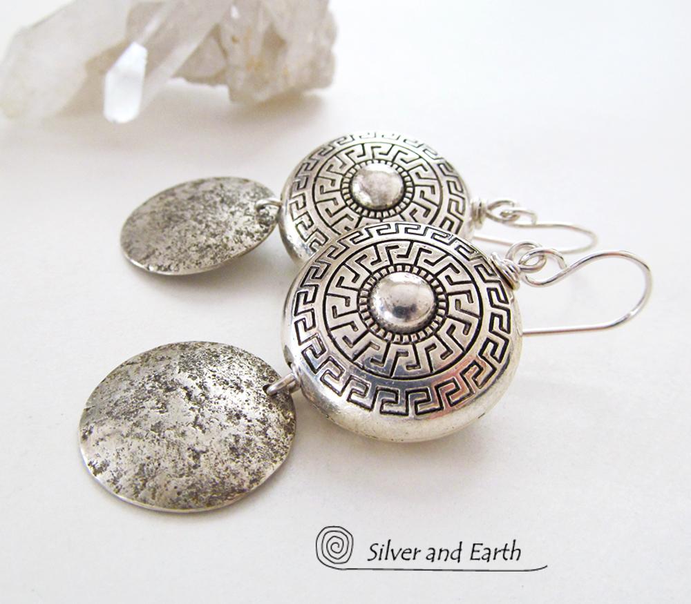 Sterling Silver Earrings Dangle Earrings with Greek Key Motif - Exotic Jewelry