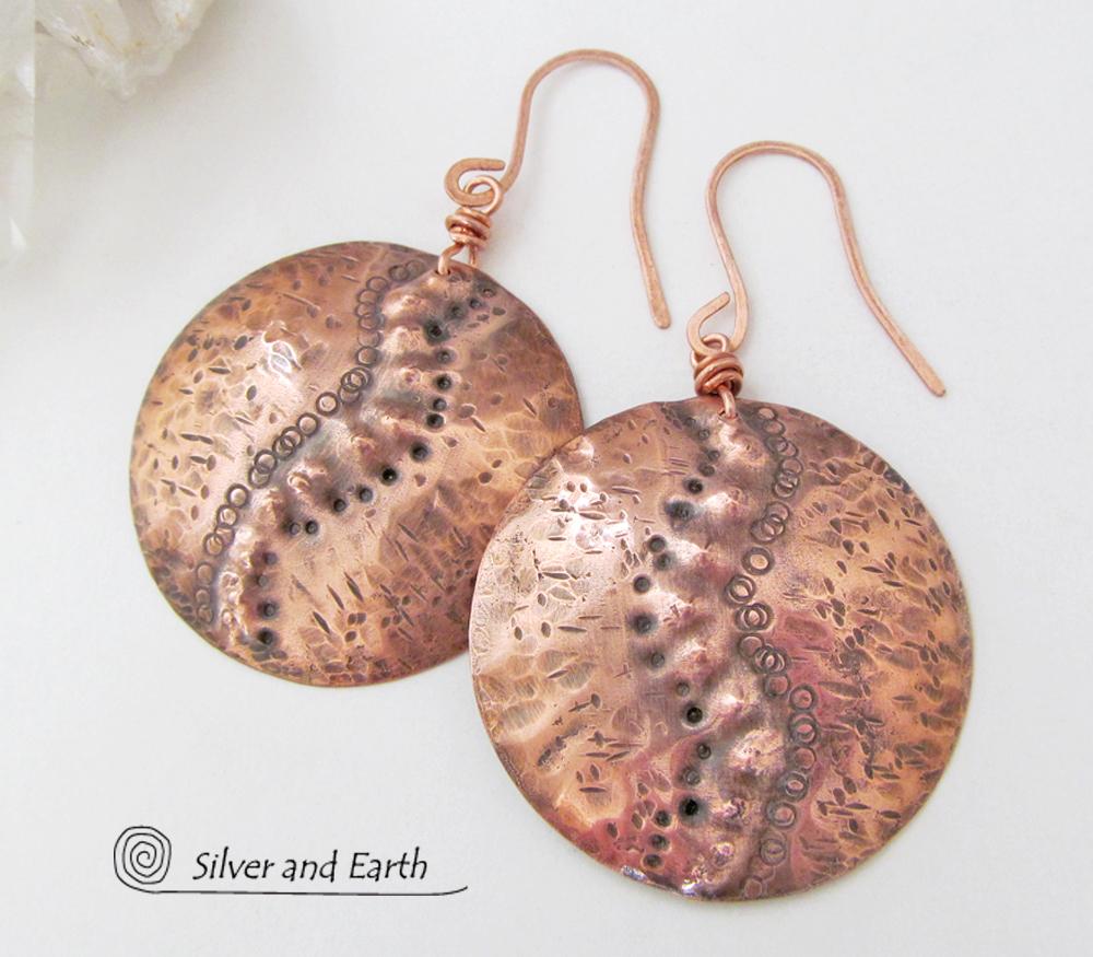 Large Hammered Copper Dangle Earrings with Rustic Tribal Texture
