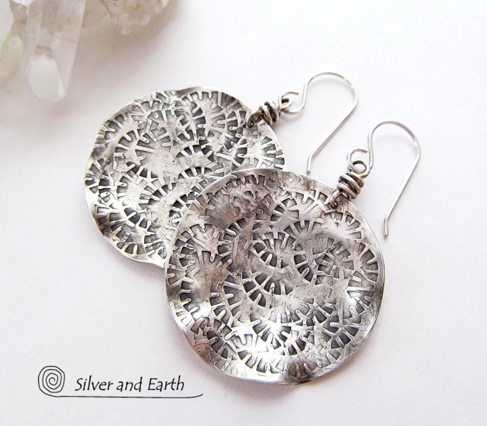 Round Textured Sterling Silver Earrings - Handmade Modern Silver Jewelry