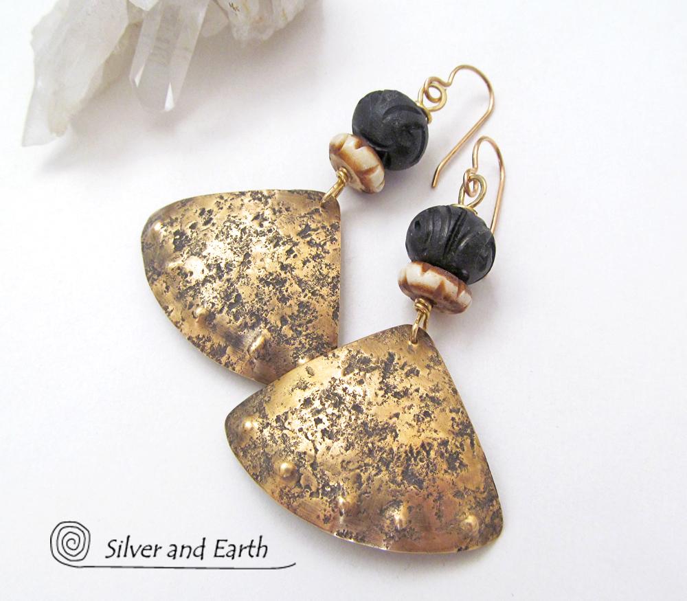 Gold Brass Tribal Earrings with African Carved Bone & Wood Beads