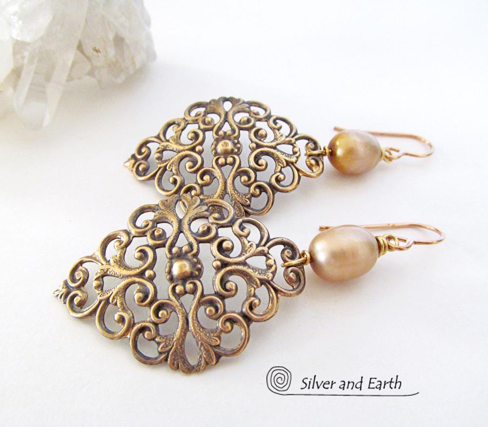 Brass Filigree Earrings with Gold Pearls - Ornate Filigree Jewelry